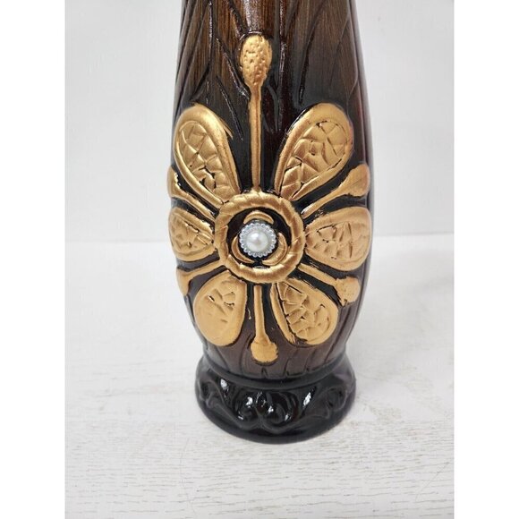 Ceramic Wood Tone Brown Gold Flower Design Asian Vase Decorative Hand Painted - Picture 2 of 9